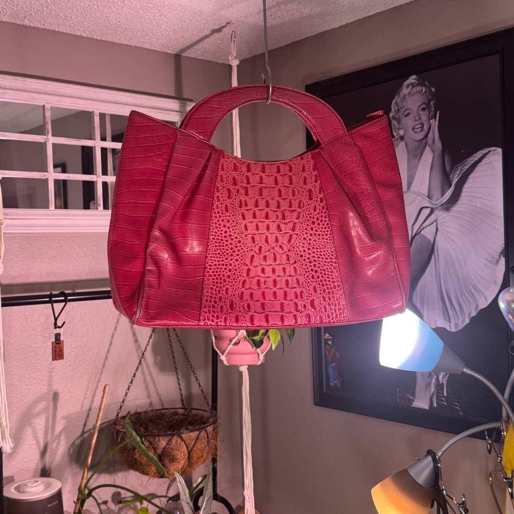 Unbranded Satchel Bag Womens Large Pink Good Croc Embossed Faux Leather Retro‎